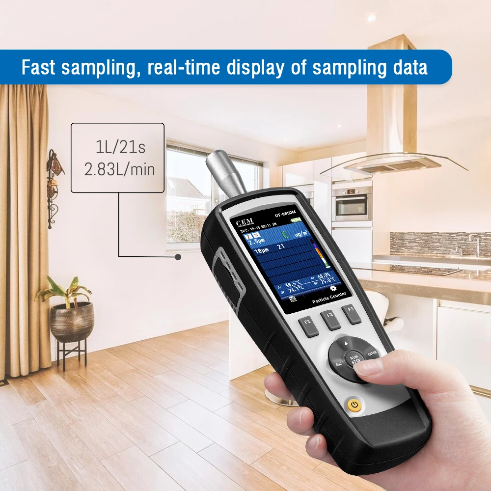 CEM DT-9850M Professional Handheld 2.83 Lmin Flow Rate Air Laser PM0.3 PM2.5 PM10 um Particle Counter CEM DT-9850M Professional Handheld 2.83 Lmin Flow Rate Air Laser PM0.3 PM2.5 PM10 um Particle Counter
